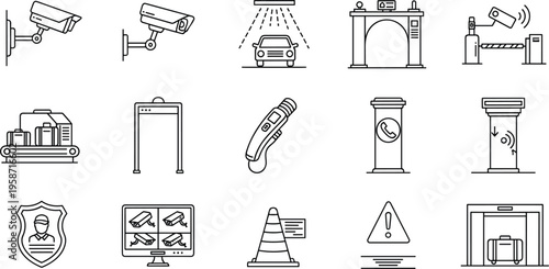 Security and Surveillance Line Icons Set with CCTV Cameras, Metal Detector, Alarm System, Access Control, and Safety Monitoring Symbols for Protection DesignSecurity 