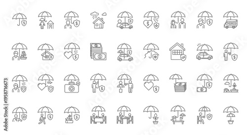Line art icons depicting various insurance coverage types and protected subjects