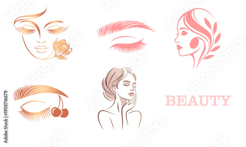 Beauty icon set with feminine faces, eyebrow, eyelash, skincare motifs, and elegant cosmetic line art, soft pink vector collection on white background