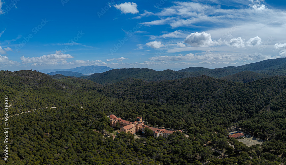 Obraz premium Aerial view of the tuberculosis sanatorium in Sierra Espuña, Alhama de Murcia, Region of Murcia, Spain