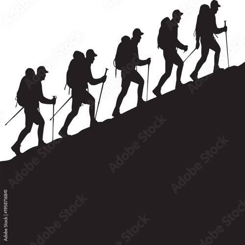 Silhouette of five hikers climbing a hill with trekking poles and backpacks against a white background