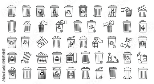Collection of black and white line art recycling and trash cans