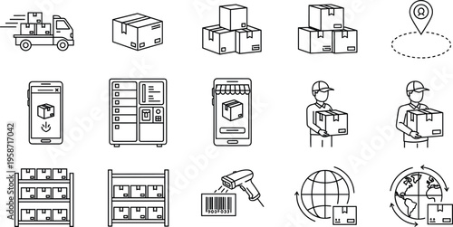 Logistics and Delivery Line Icons Set with Shipping Boxes, Courier Service, Warehouse Storage, Tracking System, and Global Distribution Symbols for Business Design