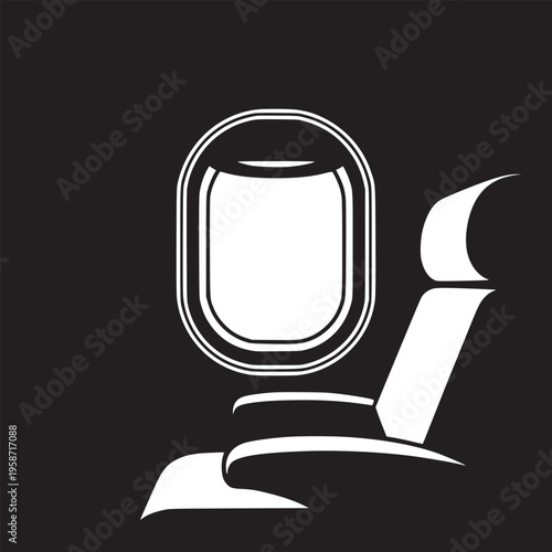 A graphic illustration of an airplane window and seat in white against a black background space