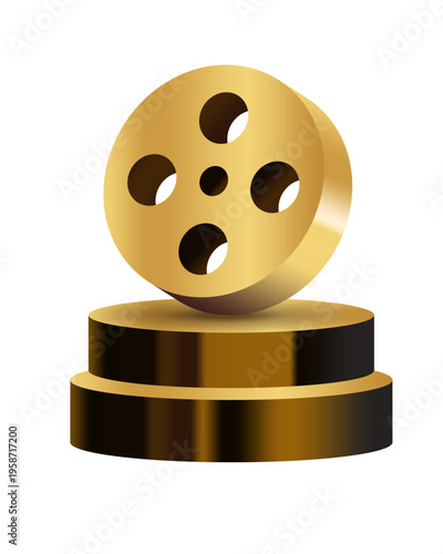 Golden film reel trophy on black podium, glossy cinematic award symbol with metallic shine, isolated on white background in realistic vector style