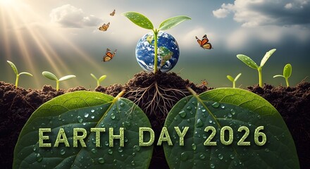 Earth day 2026 celebration with green leaves and globe