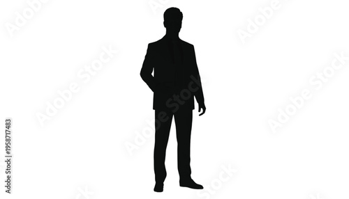 Full body silhouette of a standing professional male figure dressed in a suit jacket and trousers against.