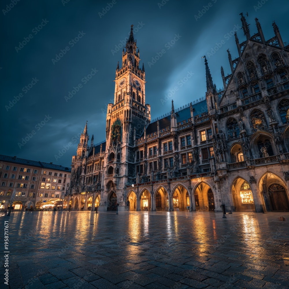Fototapeta premium Munich Germany, New Town Hall , Rathaus at the Marienplatz seen at night with spring tulips in bloom 