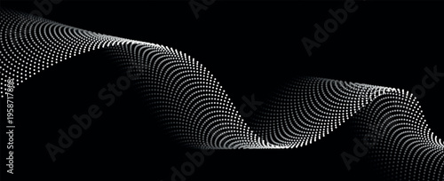 Dotted wavy line background. white halftone undulate pattern. Curved dashed gradient design element for poser, banner, presentation, booklet. Abstract flowing particle wave wallpaper.