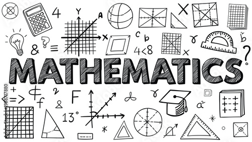 Mathematics hand-drawn doodle sketches with calculator and geometry tools