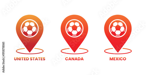 Soccer Ball Location Pin Icons for United States Canada and Mexico Representing North American Football Tournament Hosting, FIFA World Cup, and Sports Event Mapping