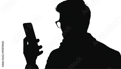 Silhouette of a man wearing glasses looking at a rectangular mobile phone against a white background.