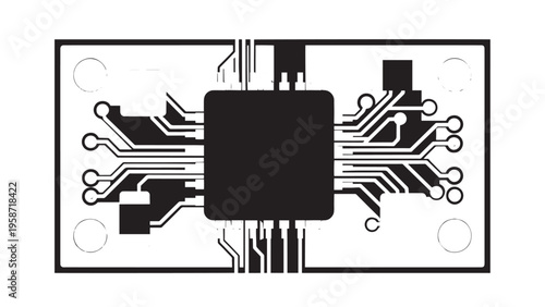 Close-up of a microchip with intricate circuit pathways and electronic components.