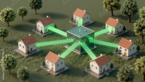Digital hub connecting multiple suburban houses with glowing green energy beams representing smart home networks and sustainable power distribution in a modern neighborhood