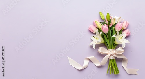 Beautiful bouquet of pink tulips and white flowers on soft floral background