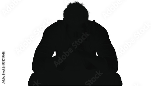 Silhouette of a muscular man sitting in a meditative or resting posture against a stark white background.