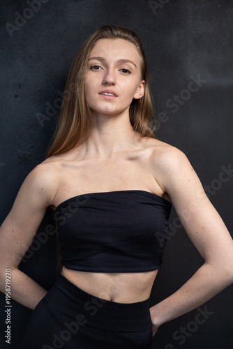 Professional model test shoot for agency submission. Natural beauty, minimal makeup, black wearing, clean background, confident poses. Perfect for portfolios, castings, and fashion