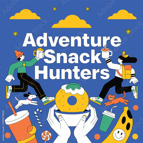 Adventure Snack Hunters – Playful Explorer Typography with Cartoon Snack Chase Illustration