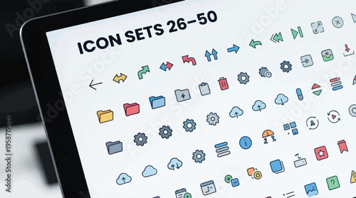Minimalist UI icon sets 26-50, colorful flat line vector icons for web and mobile interfaces, and modern software application navigation symbols