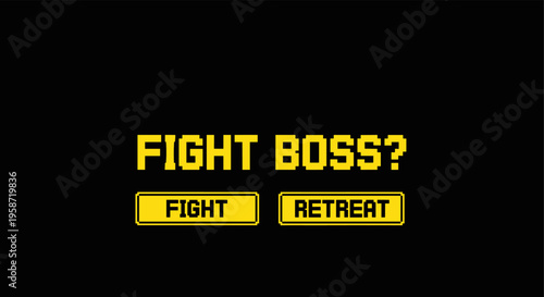 Retro pixel game interface with boss fight decision buttons