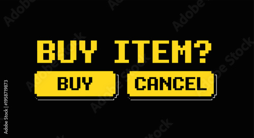 Retro pixel art game interface with buy and cancel options