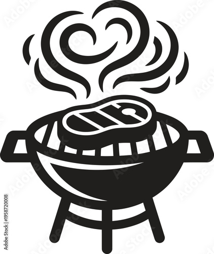 Charcoal grill with steak and smoke swirls illustrating backyard cooking concept for summer barbecue parties or restaurant advertisements featuring traditional round kettle grill silhouette
