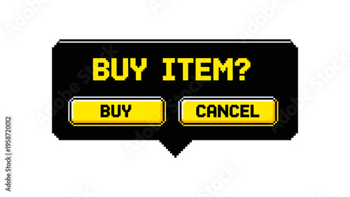 Retro pixel art popup with buy and cancel options in gaming style