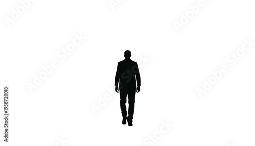 Silhouette of a man in a suit walking directly toward the camera on a white backdrop.