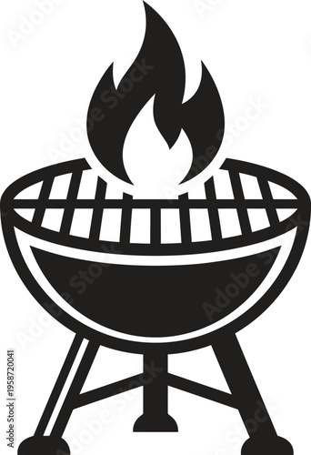 Classic barbecue grill silhouette with large fire flame rising from grate for summer backyard cooking events or picnic party flyers featuring traditional tripod kettle grill design elements
