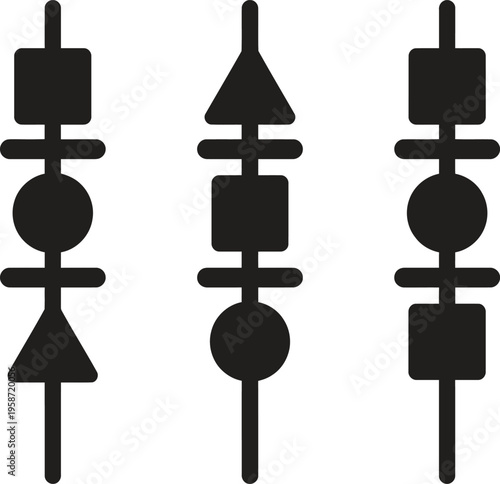 Three black vector icons of kebabs with various geometric shapes of food ingredients on skewers over transparent background, cooking symbols for menus