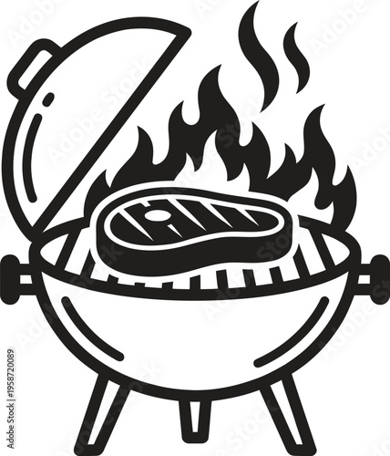 Barbecue grill with steak cooking over flames, charcoal kettle grill for outdoor cooking and grilling food, summer barbecue, grill tools, picnic feast, summer party celebration, delicious meat prepa..