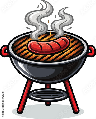 Cartoon barbecue grill with smoking hot dog cooking on it isolated vector illustration with simple design and vibrant colors for food related concepts