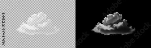 Vector realistic cloud, smoke or fog on isolated transparent and black background. Cloud png. Smoke png.