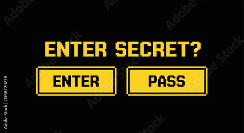 Retro pixel art secret code interface with enter and pass buttons