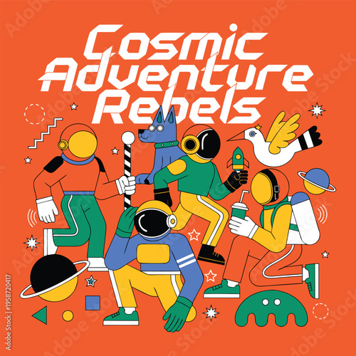 Futuristic Cosmic Crew – Cartoon Astronauts in Streetwear Venturing Through Space with Extraterrestrial Animals