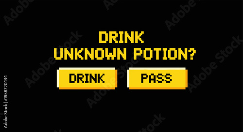 Retro pixel art game screen with potion choice dialogue box