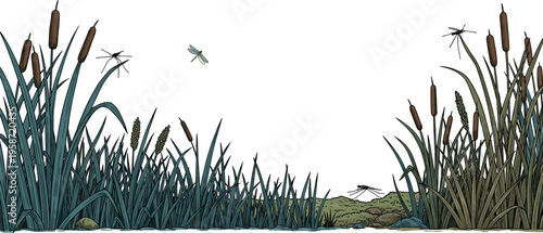 Vintage Hand Sketched Wetland Marsh Landscape Vector Panorama Featuring Cattails Reeds and Dragonflies with Etched Texture for Environmental Education and Nature Graphic Designs