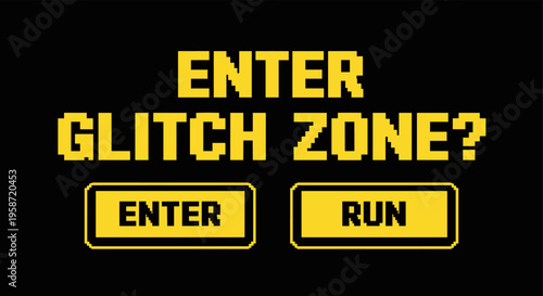 Retro pixel art glitch zone interface with enter and run buttons