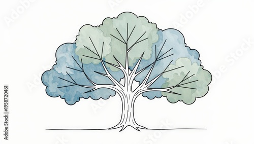 Minimalist watercolor tree illustration with bare branches and soft blue leaves