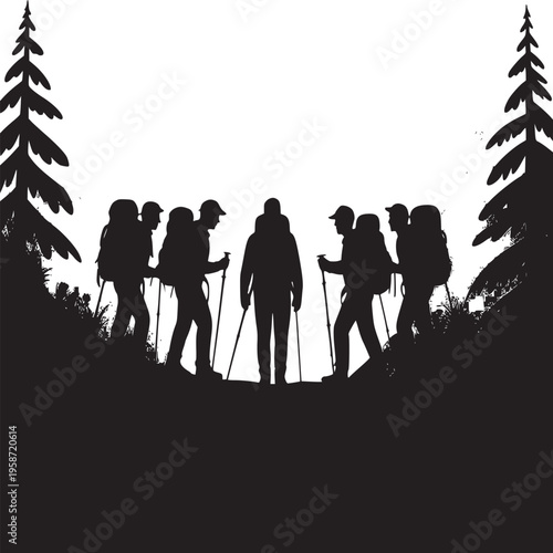 Silhouette of hikers with backpacks and trekking poles in a forest landscape illustration image
