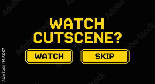 Retro game interface with pixelated cutscene and control options