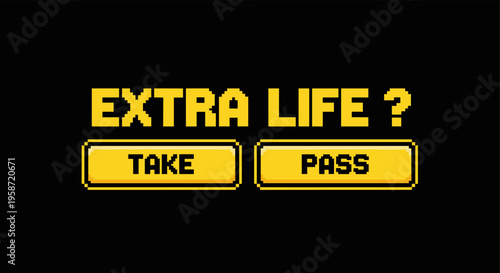 Retro pixel art gaming screen with extra life option in yellow and black