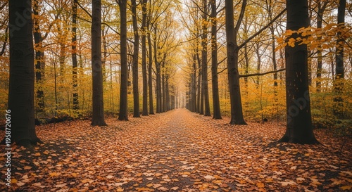 Serene Autumn Forest Path with Fallen Leaves and Sunlight Filtering Through Trees