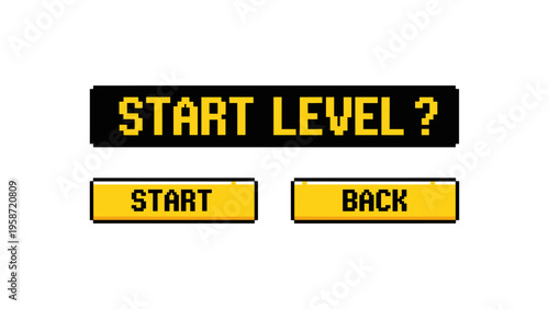 Retro pixel art game ui with start level button and navigation options