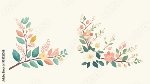 Delicate Pastel Floral Corner Illustrations for Elegant Spring and Wedding Design Accents, Perfect for Invitations and Decorative Borders