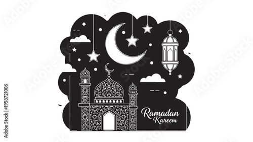 Ramadan Kareem Celebration with Lanterns and Crescent Moon Scene.