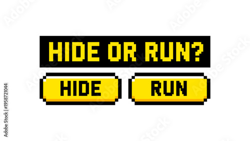 Retro pixel art game menu with hide and run buttons