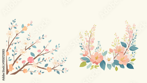 Elegant set of delicate spring floral illustrations featuring blooming branches and a vibrant decorative wreath, perfect for adding a touch of nature to designs