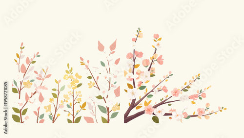 Beautifully stylized illustration of spring floral branches adorned with soft pastel blossoms and fresh green leaves, celebrating nature's awakening and hopeful new beginnings