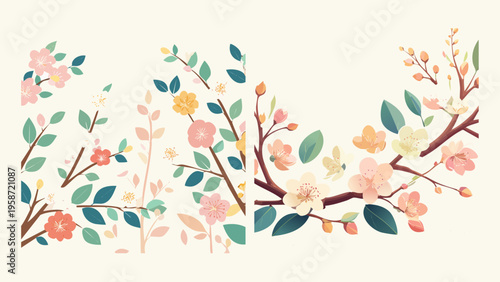 Beautiful collection of illustrated spring flower branches with colorful pastel blossoms and fresh foliage, perfect for digital art and decorative concepts